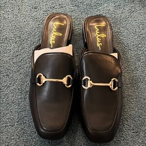 Lulu's Black Mules with Gold Accent